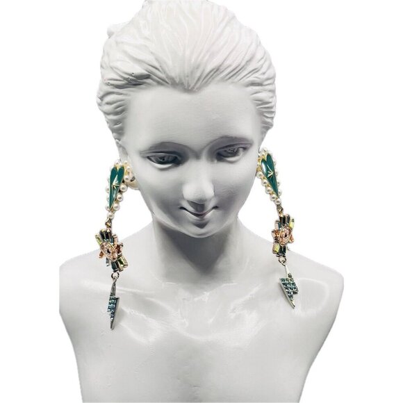 INC Teal Heart -Evil Eye- Bolt Pearl Crystal Detail Triple Drop Linear Earrings - Picture 3 of 3